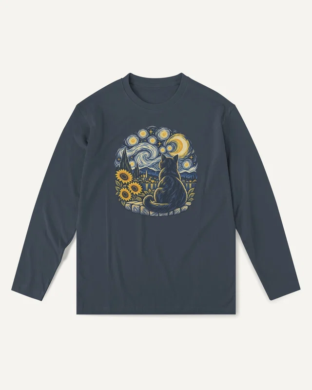 Starry Night Cat Long-Sleeve T-Shirt in Navy Blue — front