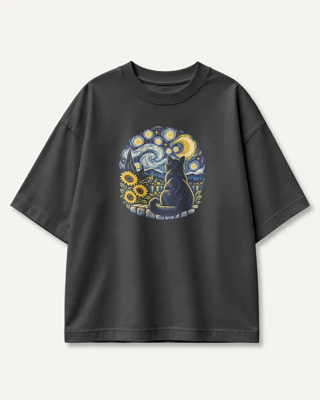 Starry Night Cat Oversized T-Shirt in Black — front