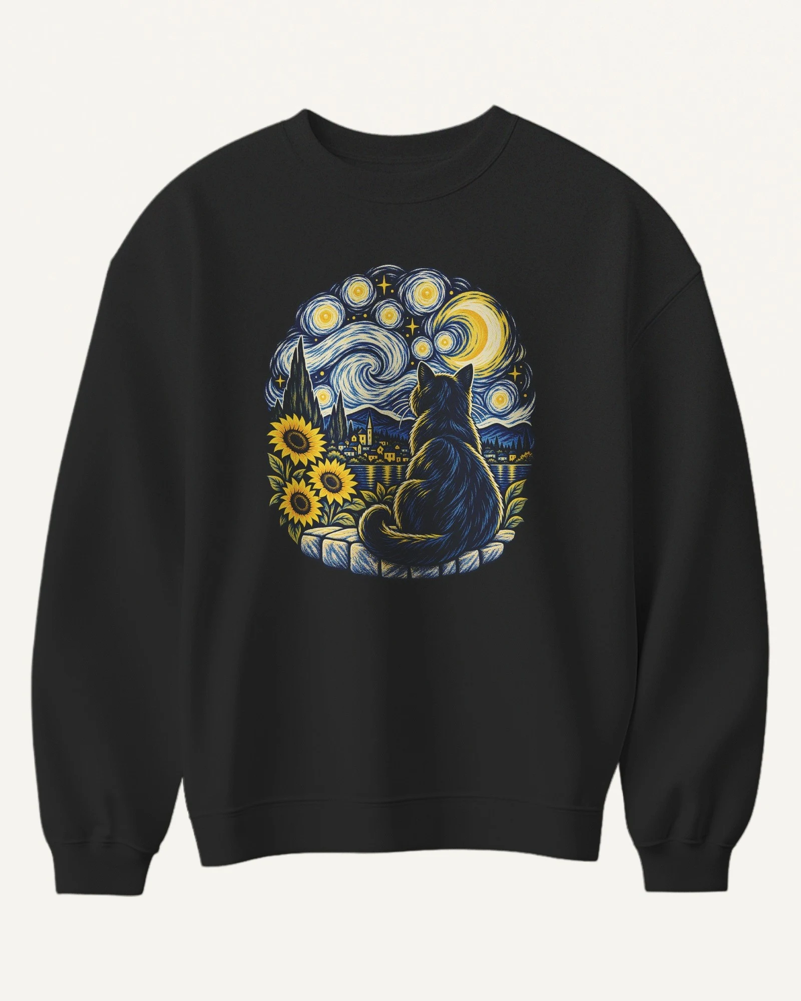Starry Night Cat Sweatshirt in Black — front Starry Night Cat Sweatshirt in Black — front