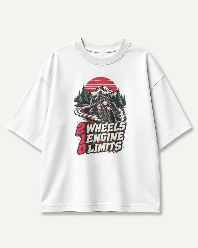 Two Wheels One Engine Zero Limits Oversized T-Shirt in White — front