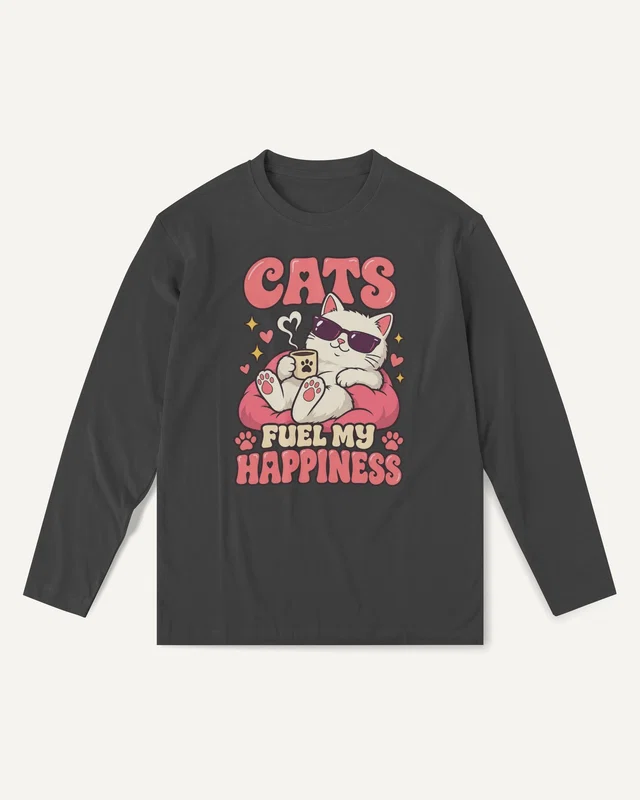 Cats Fuel My Happiness Long-Sleeve T-Shirt in Black — front