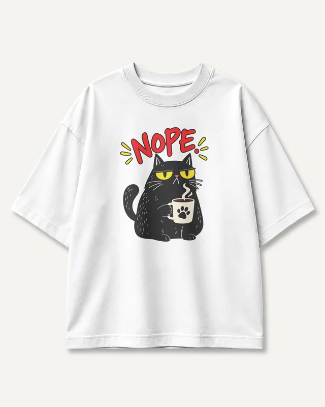 Nope Cat Oversized T-Shirt in White — front
