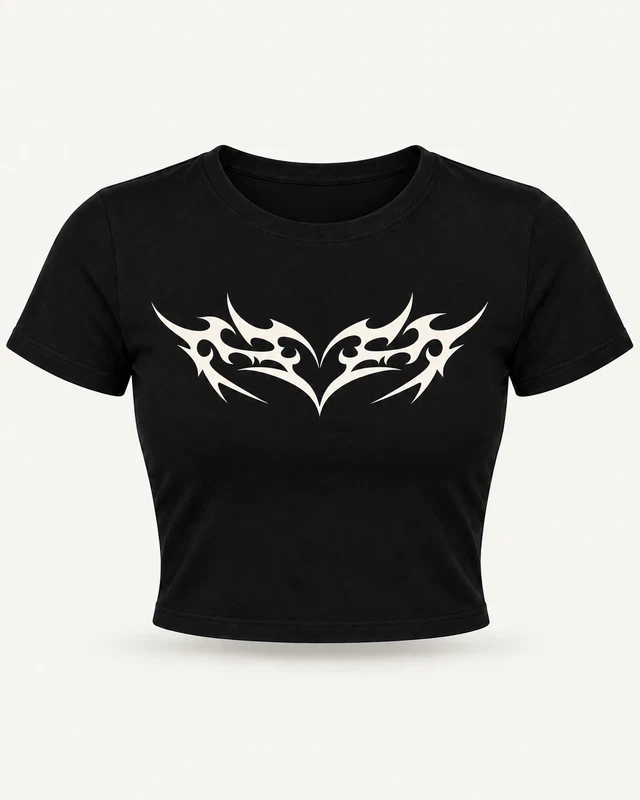 Abstract Tribal Heart Graphic Crop Top in Black — product front