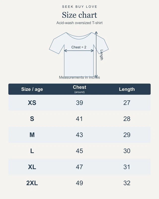 Acid-Wash Oversized T-Shirt size chart in inches