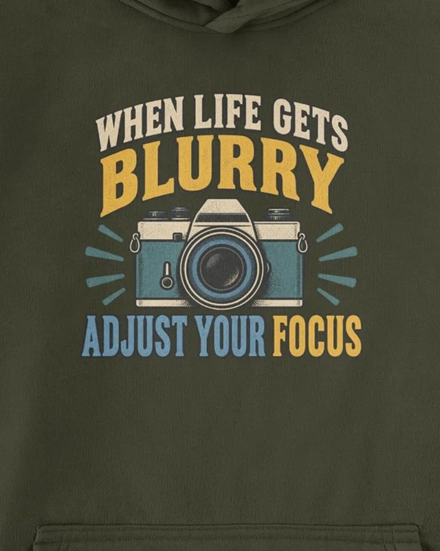 Adjust Your Focus Graphic Hoodie in Olive Green — cropped design detail