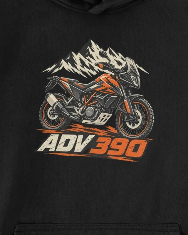 ADV390 Adventure Rider Graphic Hoodie in Black — cropped design detail