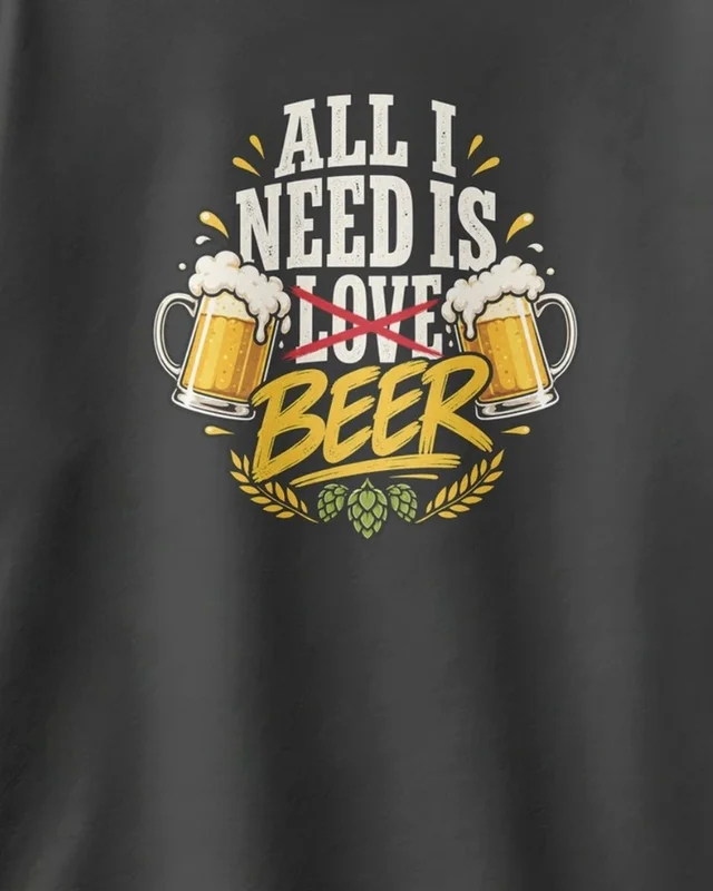 All I Need Is Beer Oversized T-Shirt in Black — design detail