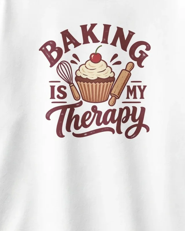 Baking Is My Therapy Oversized T-Shirt in White — design detail