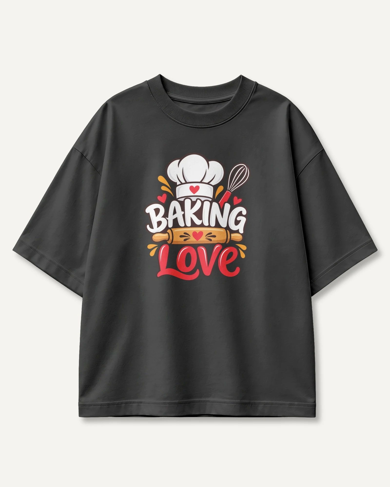 Baking Love Oversized T-Shirt in Black — front Baking Love Oversized T-Shirt in Black — front