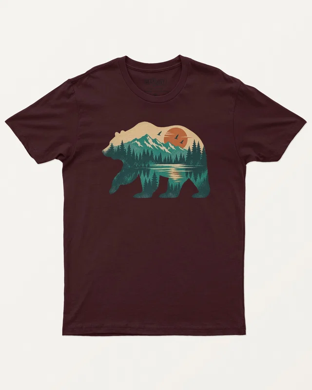 Mountain Forest Bear Regular T-Shirt in Maroon — front