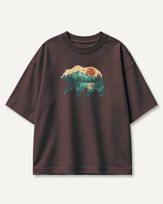 Mountain Forest Bear Oversized T-Shirt in Maroon — front