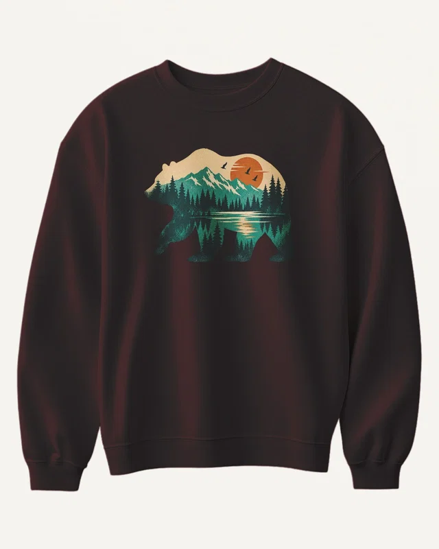 Mountain Forest Bear Sweatshirt in Maroon — front