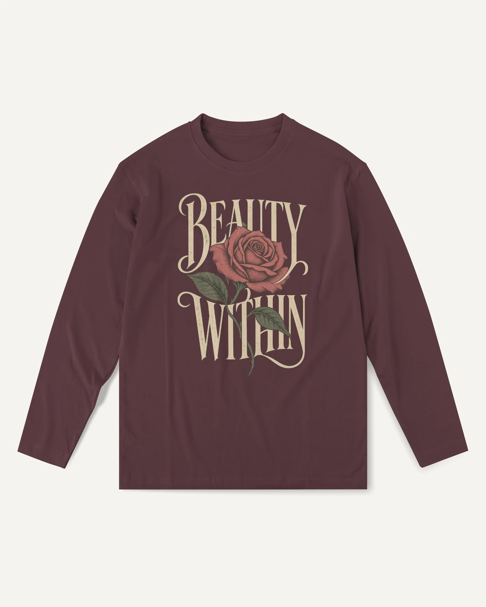 Beauty Within Long-Sleeve T-Shirt in Maroon — front Beauty Within Long-Sleeve T-Shirt in Maroon — front