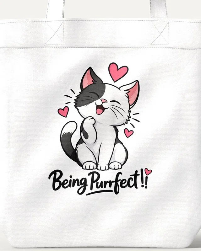 Being Purrfect Zipper Tote Bag in White — design detail