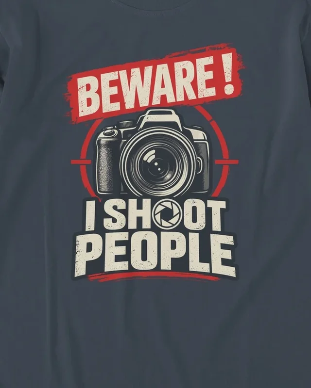Beware I Shoot People Long-Sleeve T-Shirt in Navy Blue — design detail