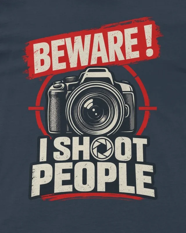 Beware I Shoot People Regular T-Shirt in Navy Blue — design detail