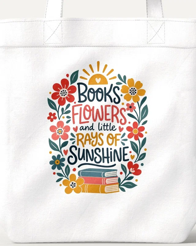 Books Flowers and Rays of Sunshine Zipper Tote Bag in White — design detail