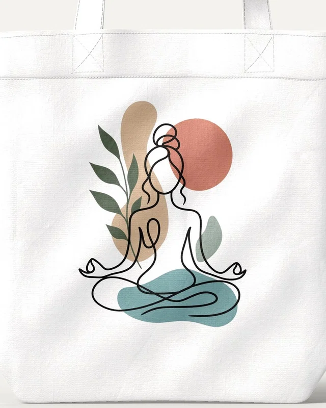 Botanical Yoga Line Art Zipper Tote Bag in White — design detail