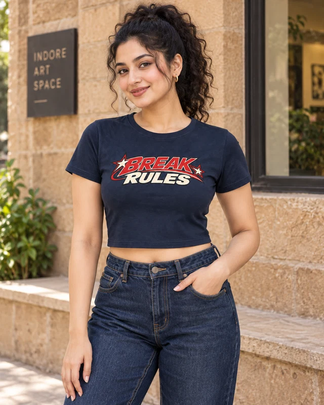 Break Rules Graphic Crop Top in Navy Blue — model view 1