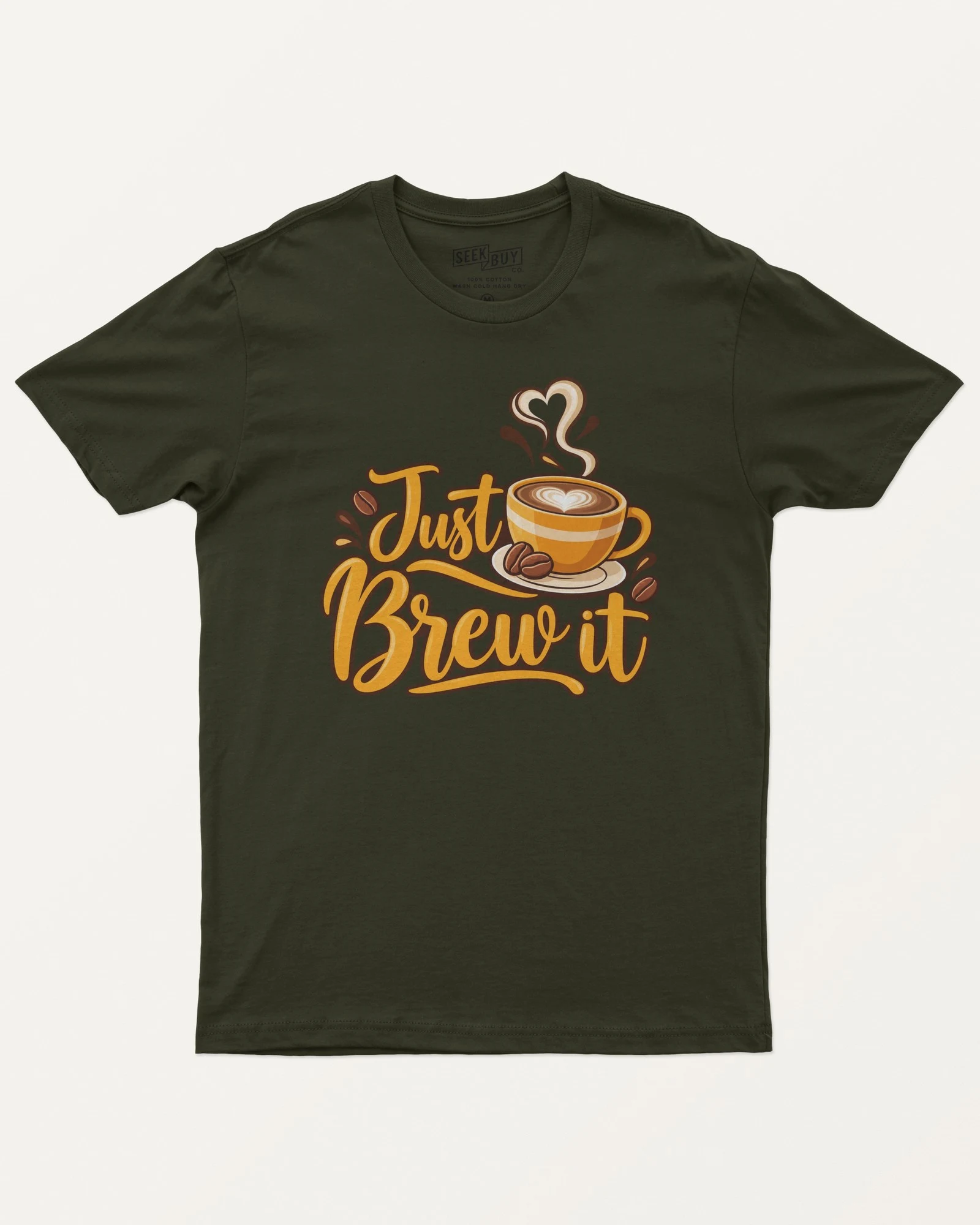 Just Brew It Regular T-Shirt in Olive Green — front Just Brew It Regular T-Shirt in Olive Green — front