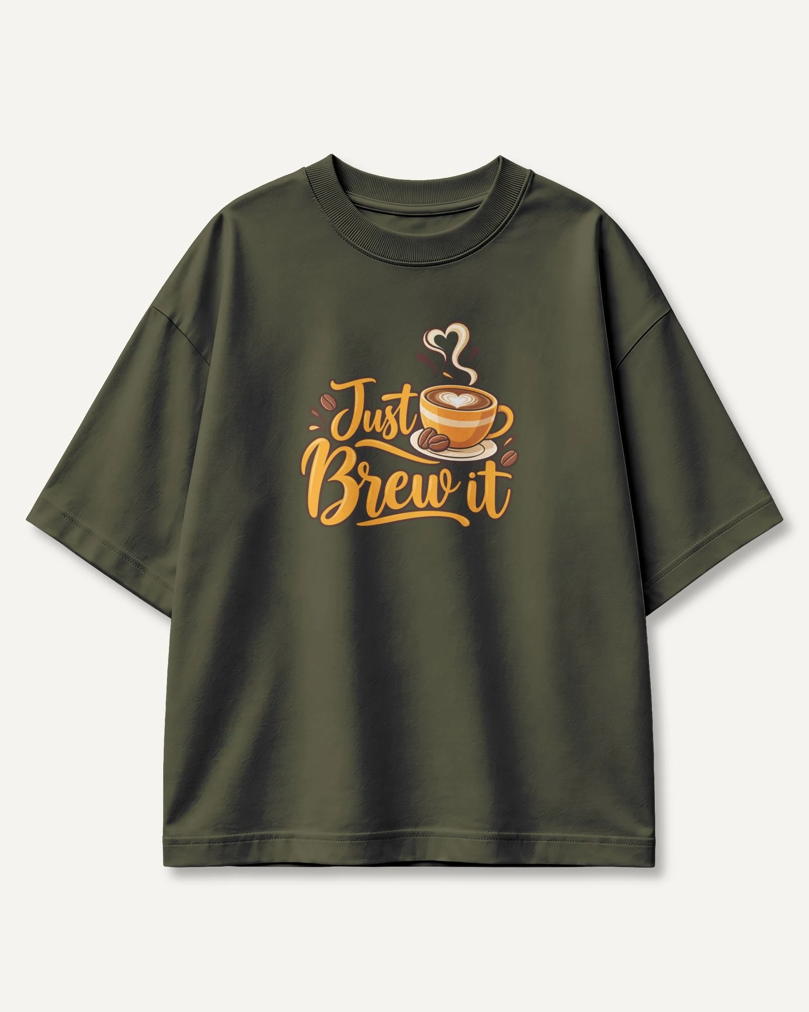 Just Brew It Oversized T-Shirt in Olive Green — front Just Brew It Oversized T-Shirt in Olive Green — front