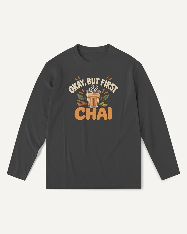 Okay But First Chai Long-Sleeve T-Shirt in Black — front