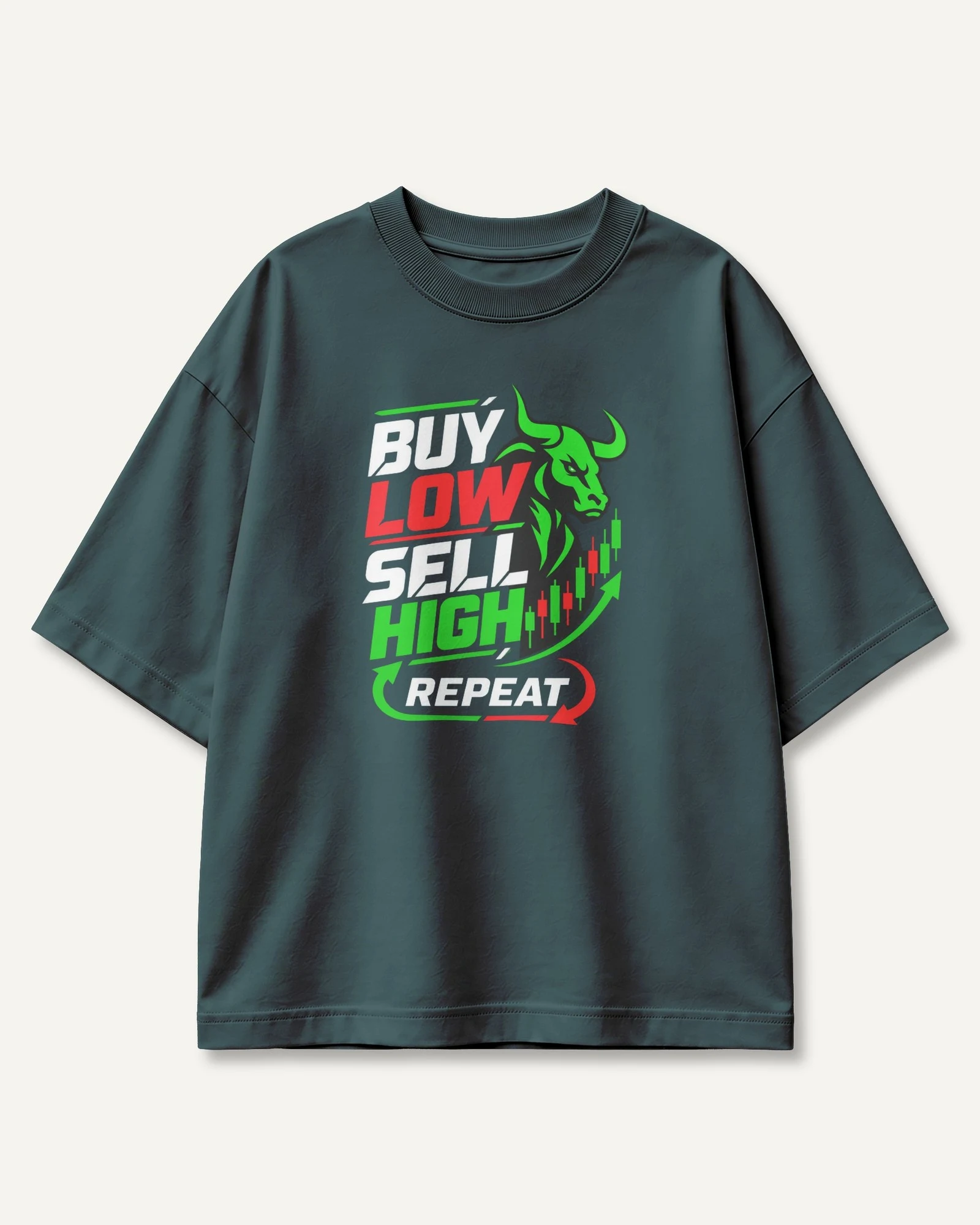 Buy Low Sell High Repeat Oversized T-Shirt in Petrol Blue — front Buy Low Sell High Repeat Oversized T-Shirt in Petrol Blue — front