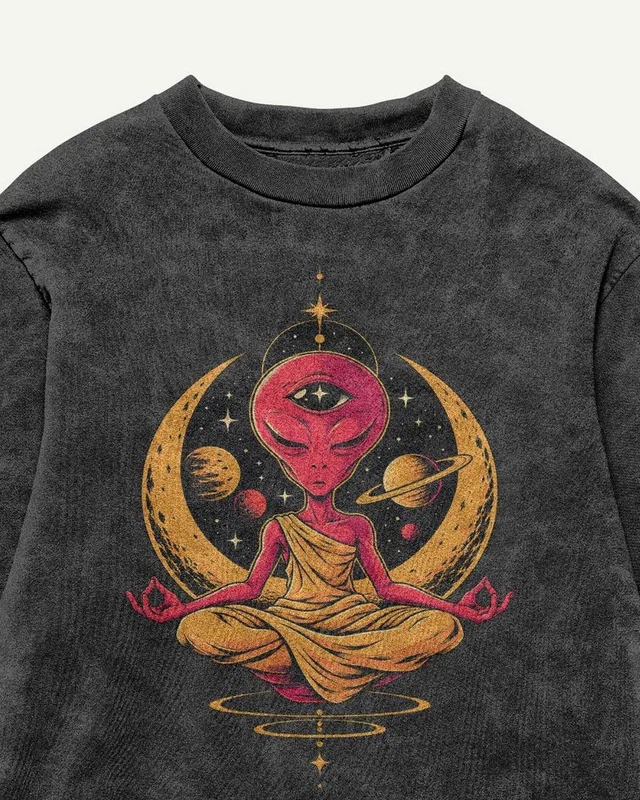 Calm Alien Acid-Wash Oversized T-Shirt in Black — design detail