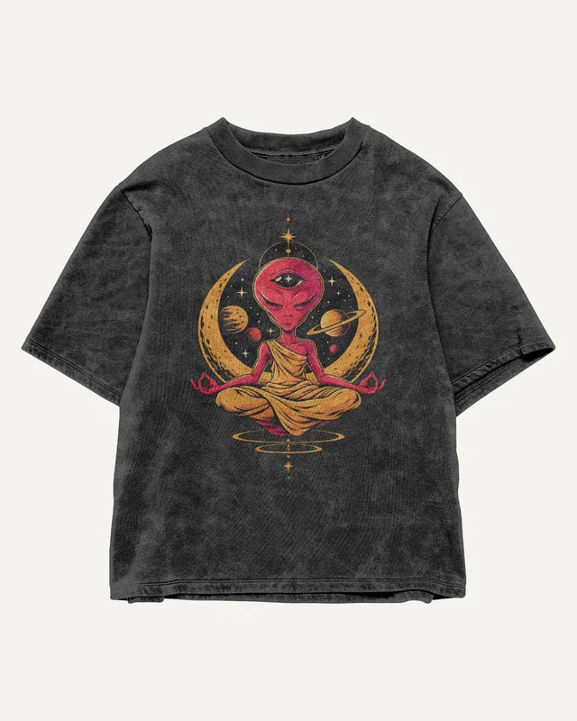 Calm Alien Acid-Wash Oversized T-Shirt in Black — front