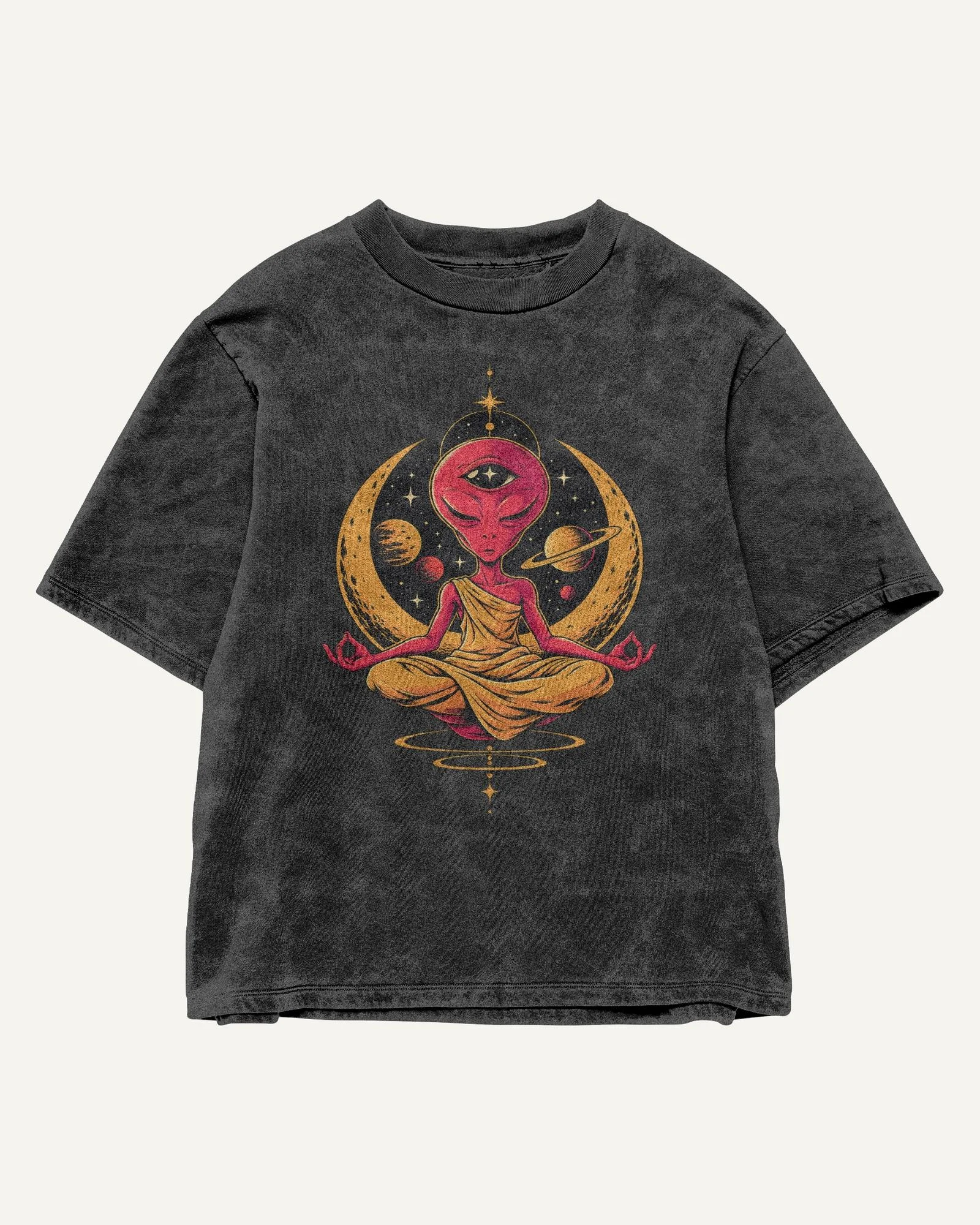 Calm Alien Acid-Wash Oversized T-Shirt Black front Calm Alien Acid-Wash Oversized T-Shirt in Black — front
