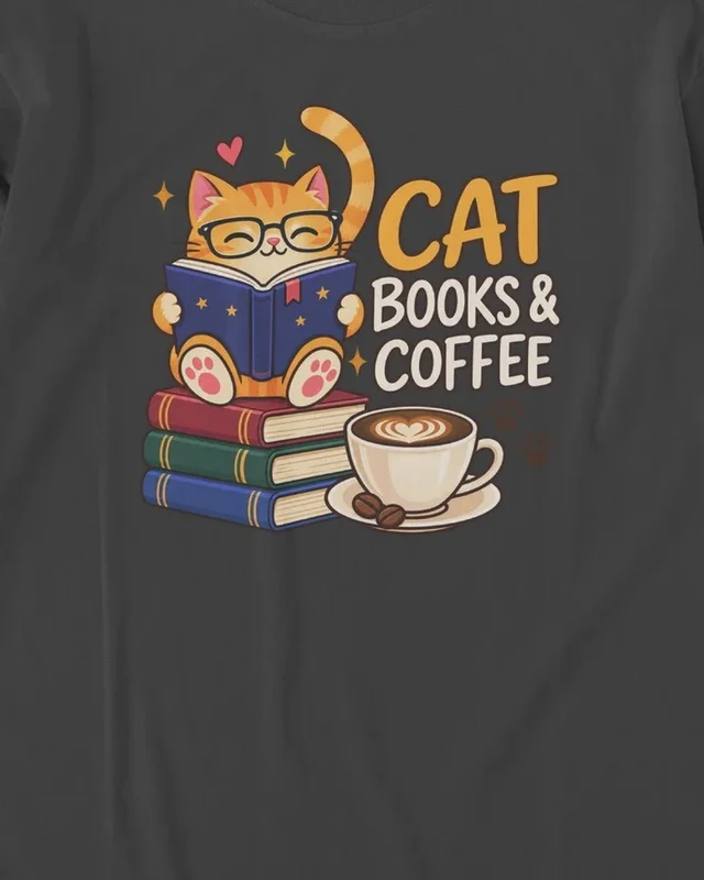 Cat Books and Coffee Long-Sleeve T-Shirt in Black — design detail