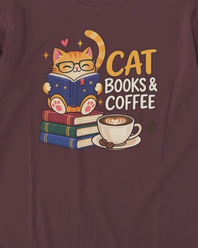 Cat Books and Coffee Long-Sleeve T-Shirt in Maroon — design detail