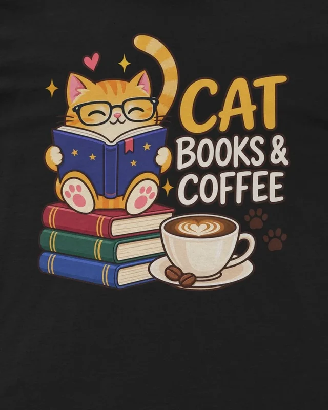Cat Books and Coffee Regular T-Shirt in Black — design detail