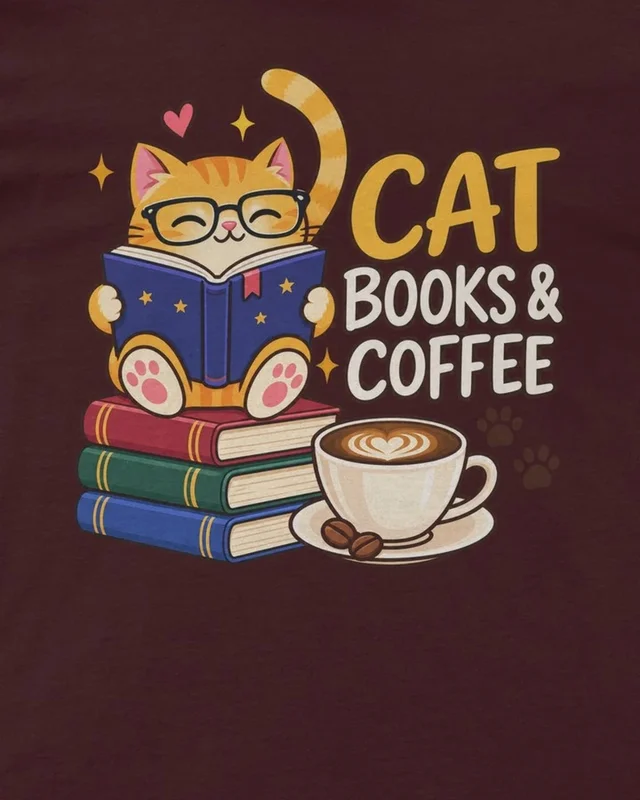 Cat Books and Coffee Regular T-Shirt in Maroon — design detail
