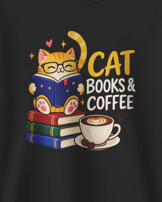 Cat Books and Coffee Sweatshirt in Black — design detail