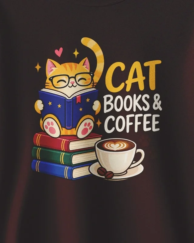 Cat Books and Coffee Sweatshirt in Maroon — design detail