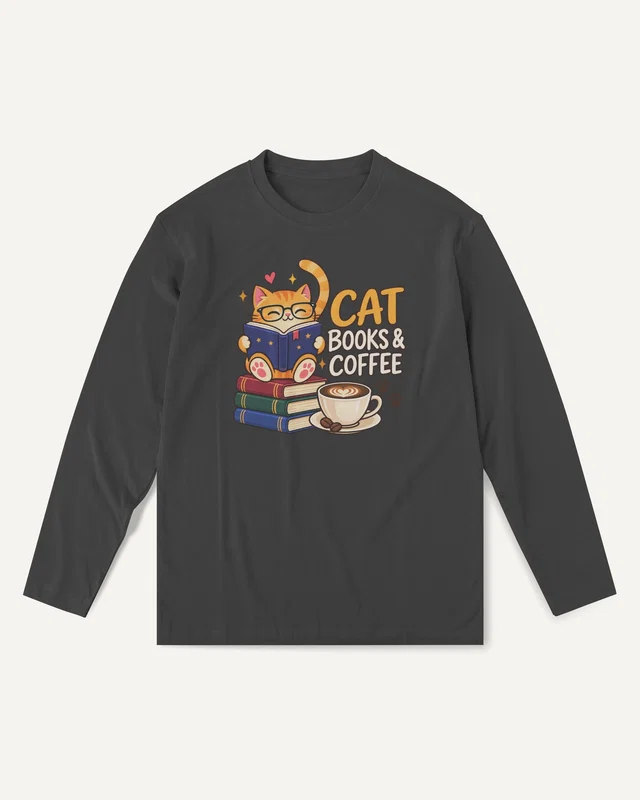 Cat Books and Coffee Long-Sleeve T-Shirt in Black — front