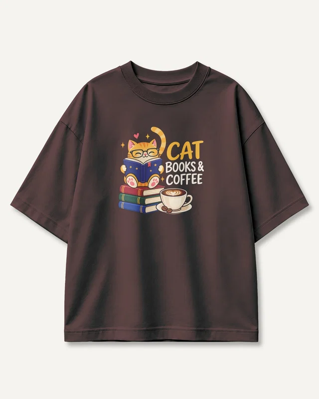 Cat Books and Coffee Oversized T-Shirt in Maroon — front