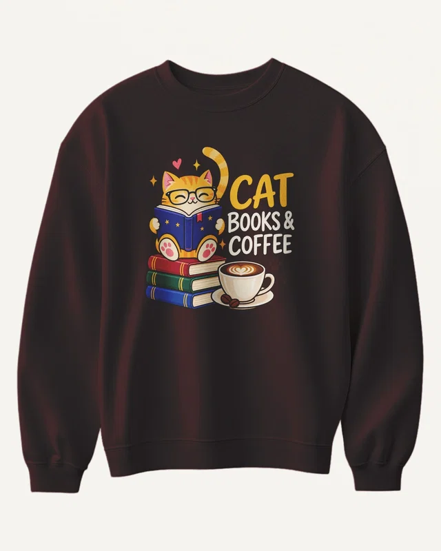 Cat Books and Coffee Sweatshirt in Maroon — front