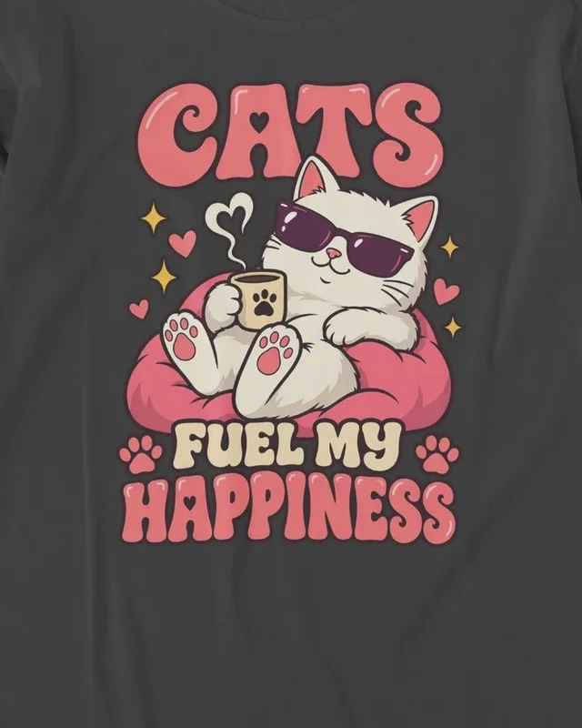Cats Fuel My Happiness Long-Sleeve T-Shirt in Black — design detail