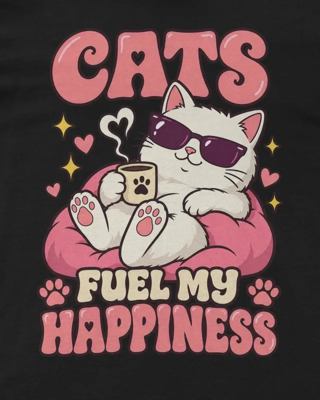 Cats Fuel My Happiness Regular T-Shirt in Black — design detail