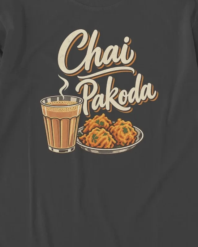 Chai Pakoda Long-Sleeve T-Shirt in Black — design detail