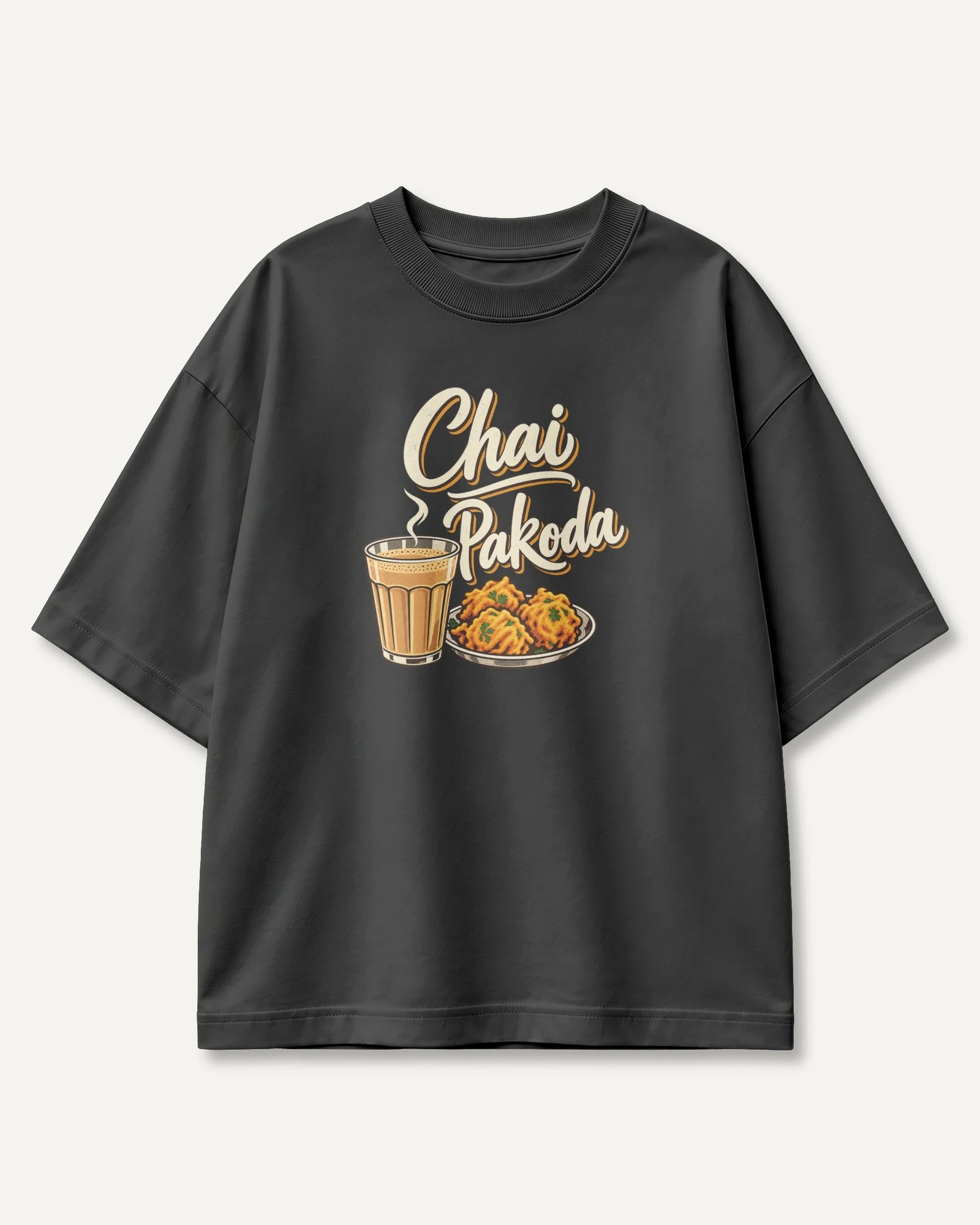 Chai Pakoda Oversized T-Shirt in Black — front Chai Pakoda Oversized T-Shirt in Black — front