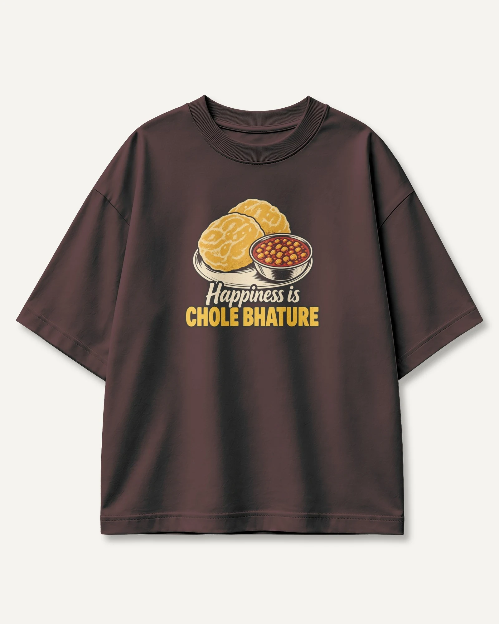 Happiness Is Chole Bhature Oversized T-Shirt in Maroon — front Happiness Is Chole Bhature Oversized T-Shirt in Maroon — front