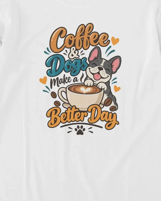 Coffee and Dogs Make a Better Day Long-Sleeve T-Shirt in White — design detail