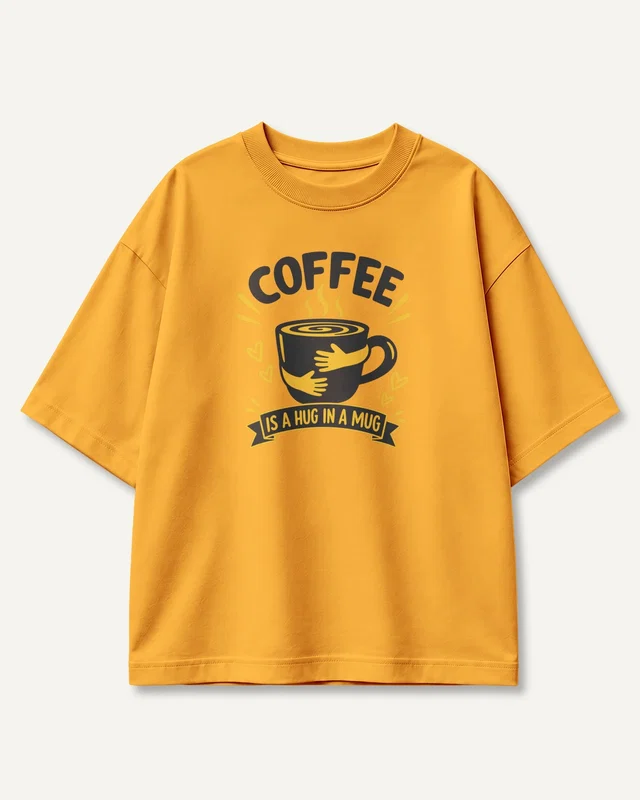 Coffee Is a Hug in a Mug Oversized T-Shirt in Golden Yellow — front