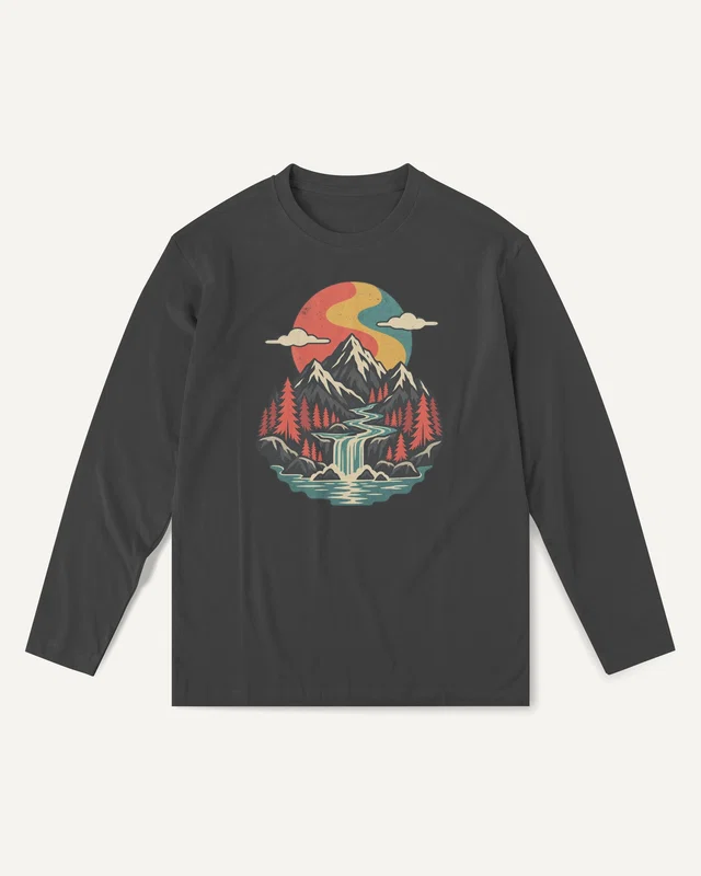 Mountain River Landscape Long-Sleeve T-Shirt in Black — front