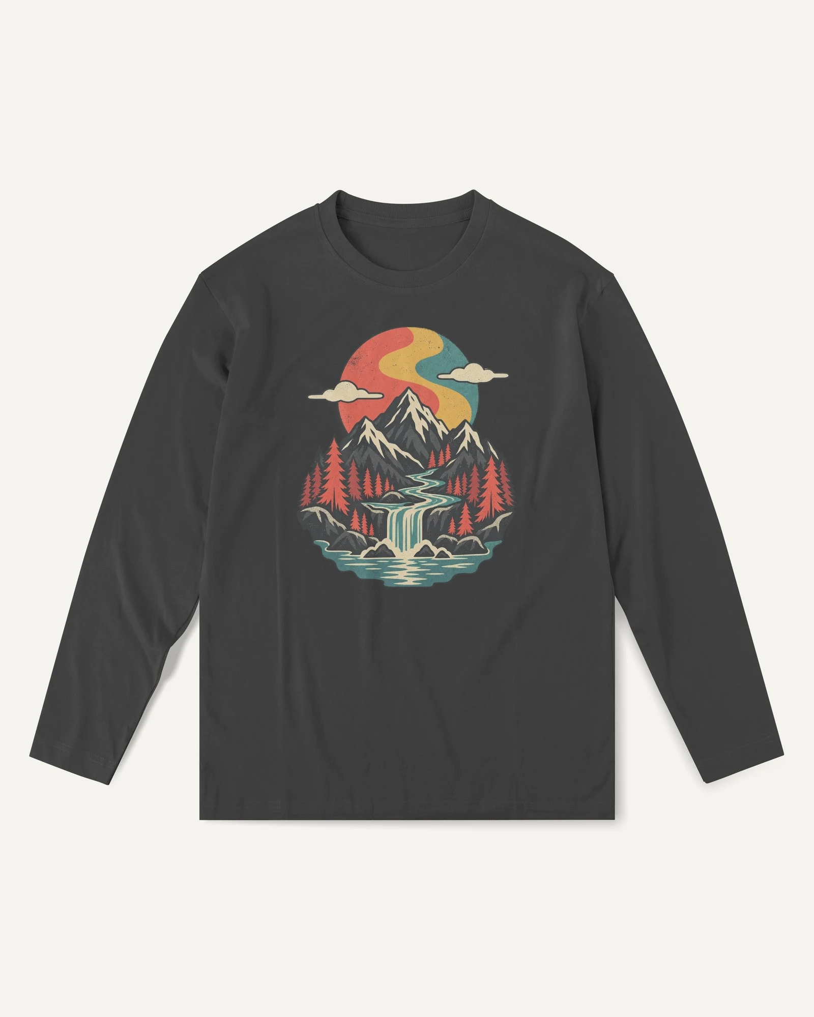 Mountain River Landscape Long-Sleeve T-Shirt in Black — front Mountain River Landscape Long-Sleeve T-Shirt in Black — front