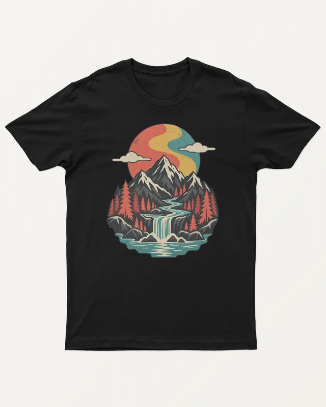 Mountain River Landscape Regular T-Shirt in Black — front