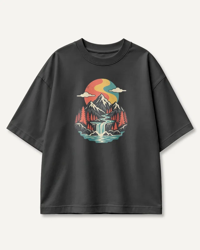Mountain River Landscape Oversized T-Shirt in Black — front
